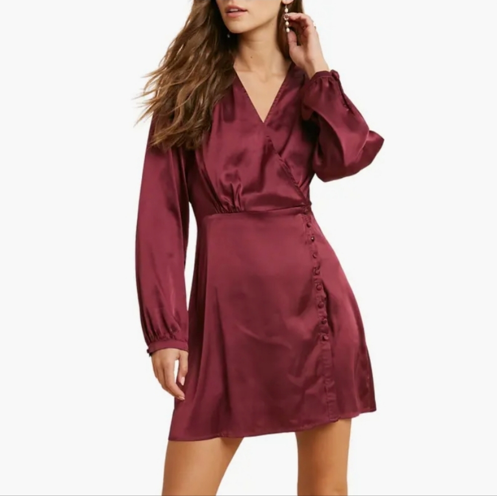 Wishlist Wine Long Sleeve Wrap Cocktail Mini Dress Sz. M Burgundy!